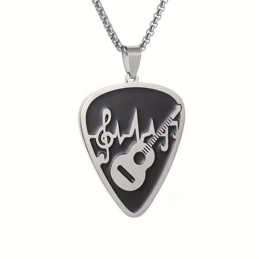 Guitar & Music Notes Pick Shaped Pendant Necklace - Stainless Steel
